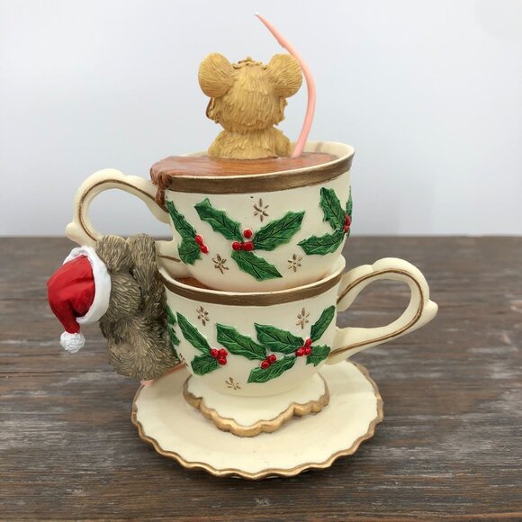 1995 Roman Inc Mice On Tea Cups Figurine Christmas Holiday Holly Hot Cocoa Uniqu - Picture 3 of 7